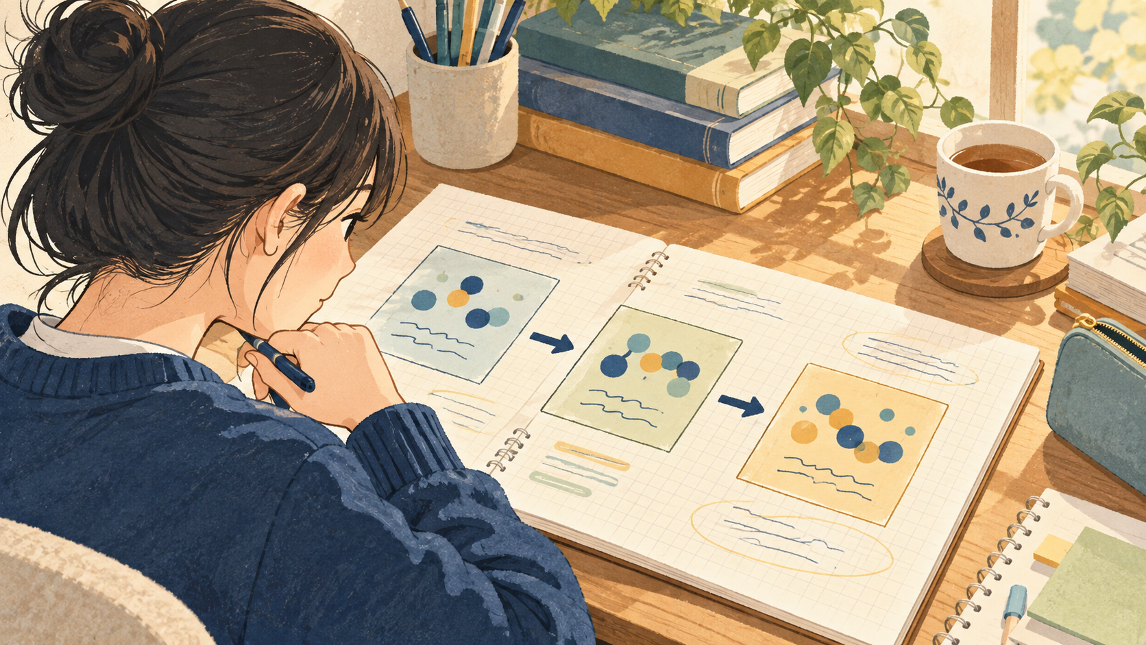 反応を段階ごとに分けて順に追う学習のイラスト