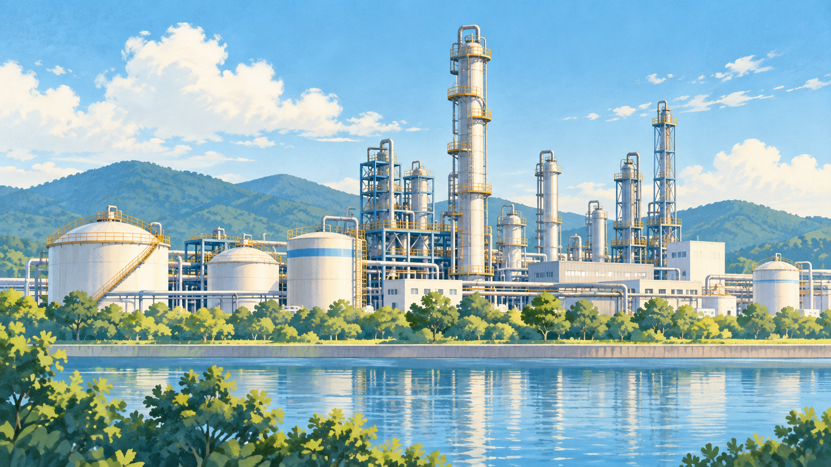 工業的な硝酸製造をイメージした化学プラントのイラスト