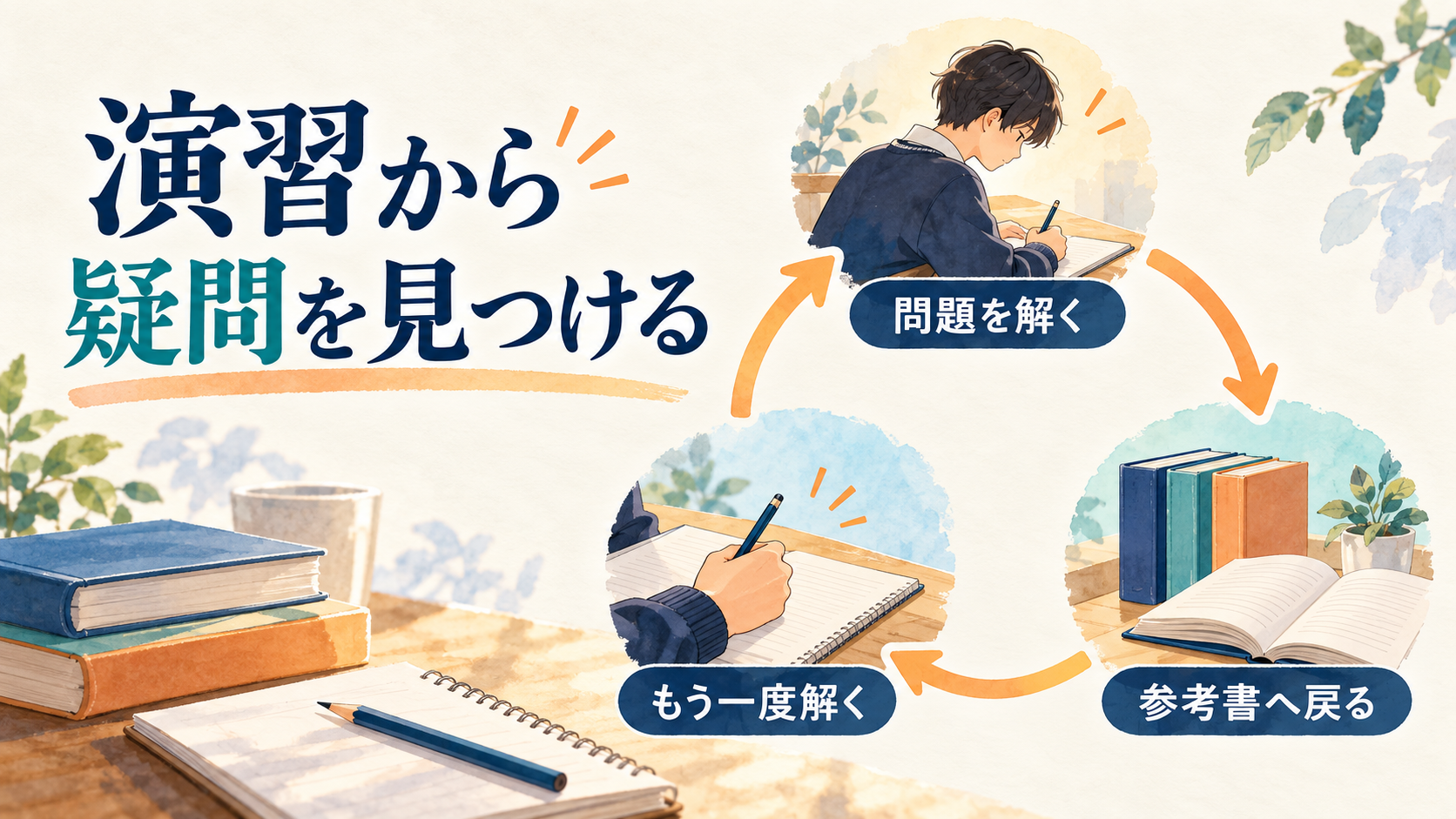 問題を解き参考書へ戻って再演習する学習ループ