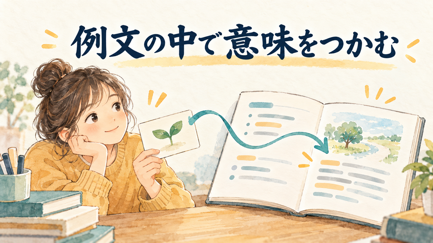単語を例文の文脈と結びつけて学ぶイラスト