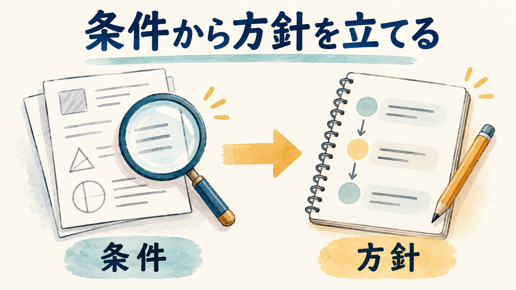 数学の問題条件から方針を立てる手順の図解