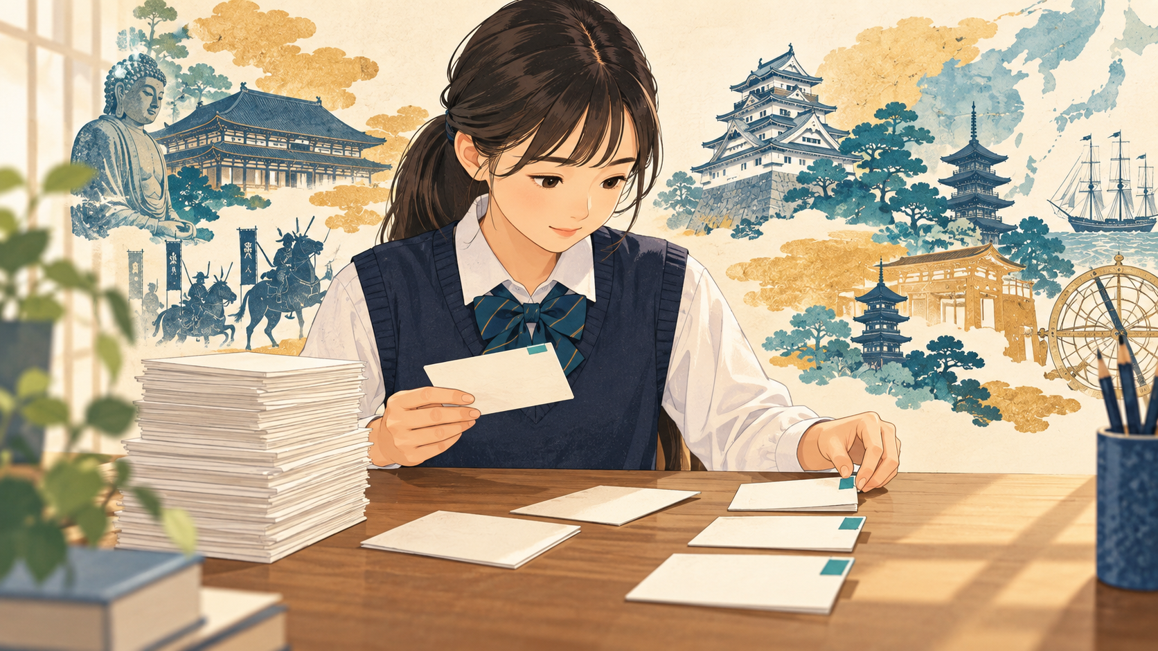 重要な学習項目を選んでカードにまとめるイラスト