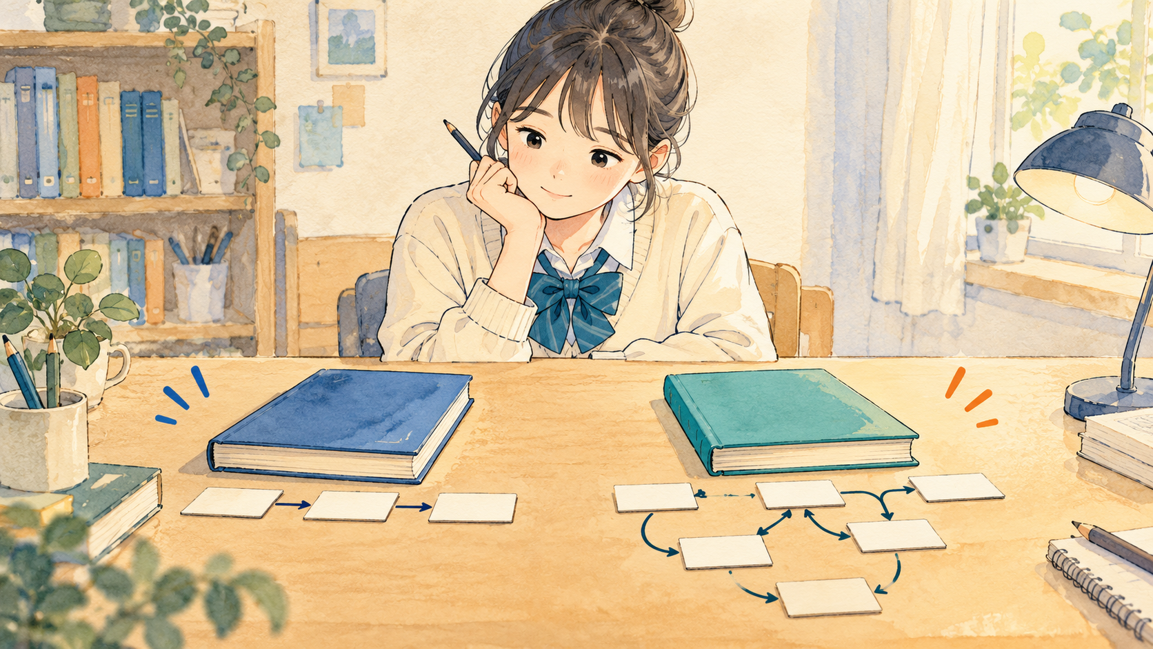 2冊の抽象的な本で英文解釈の学習段階を比べるイラスト