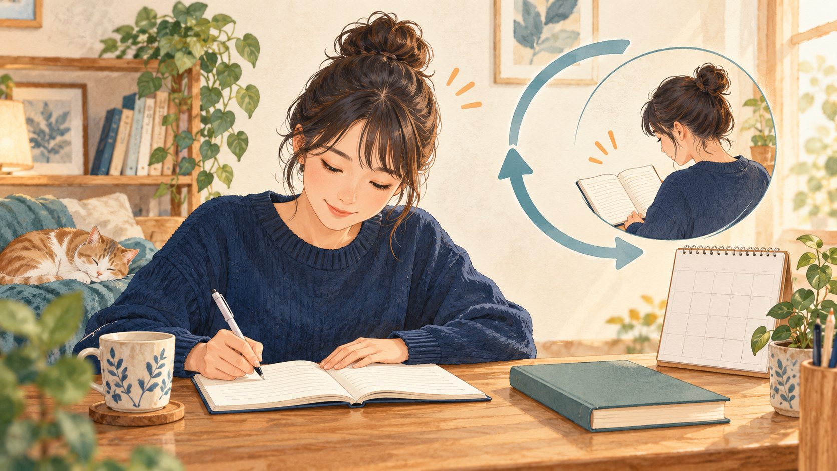 以前の問題をもう一度自力で解く受験生のイラスト