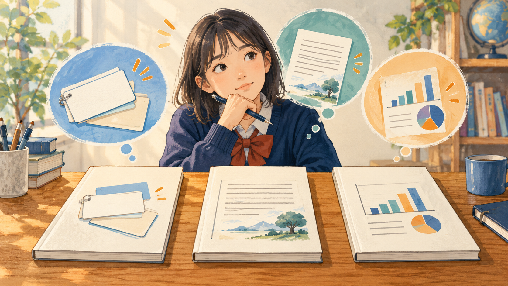 3冊の教材の特徴を比べて選ぶ受験生のイラスト